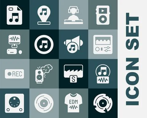 Set Vinyl disk, Music note, tone, Drum machine, DJ playing music, recording Illustrazione stock