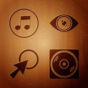 Set Vinyl disk, Music note, tone, Arrow cursor and Eye on wooden background Illustrazione stock