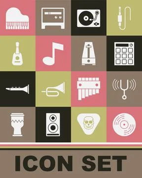 Set Vinyl disk, Musical tuning fork, Drum machine, player with vinyl, note, tone Illustrazione stock