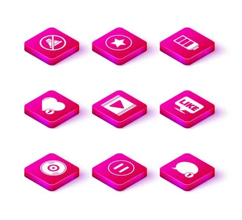 Set Vinyl disk, Pause button, Like and heart, Play Video, Speech bubble chat Stock Illustration