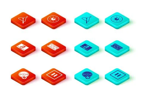 Set Vinyl disk, Pause button, Laptop with music note, Drum, Dial knob level Stock Illustration