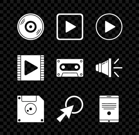 Set Vinyl disk, Play square, circle, Floppy for computer data storage, Arrow Stockillustratie