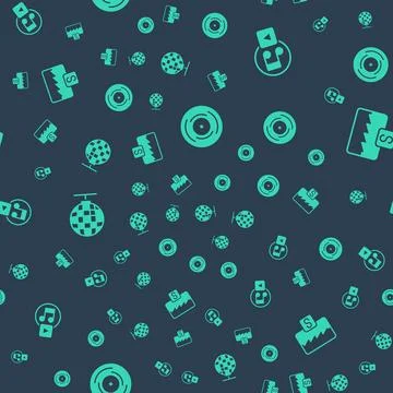 Set Vinyl disk, Play square, Disco ball and Music wave equalizer on seamles.. Illustrazione stock