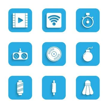 Set Vinyl disk, Rolling pin, Badminton shuttlecock, Bomb ready explode, Sewin Stock Illustration