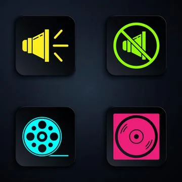Set Vinyl disk, Speaker volume, Film reel and Speaker mute. Black square button Stock Illustration