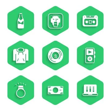 Set Vinyl disk, Stacks paper money cash, Sound or audio recorder, Music player Stock Illustration