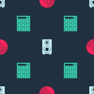 Set Vinyl disk, Stereo speaker and Drum machine on seamless pattern. Vector 스톡 일러스트
