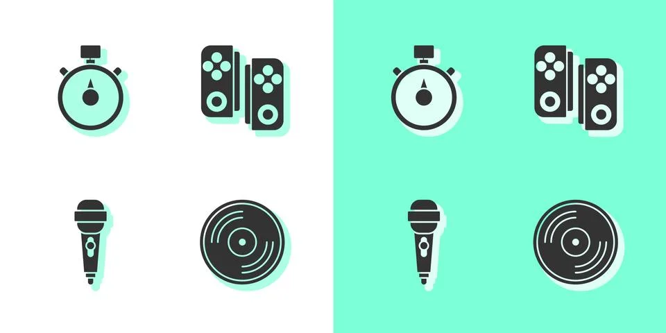 Set Vinyl disk, Stopwatch, Microphone and Gamepad icon. Vector イラスト素材