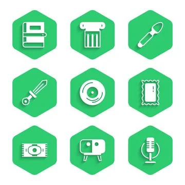 Set Vinyl disk, TV table stand, Microphone, Big full length mirror, Classic.. Stockillustratie