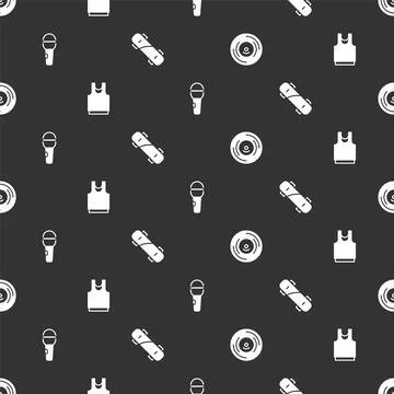 Set Vinyl disk, Undershirt, Microphone and Skateboard on seamless pattern Illustrazione stock