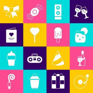 Set Vinyl player with disk, Champagne bottle, Cocktail, Stereo speaker, Ballo Stock Illustration