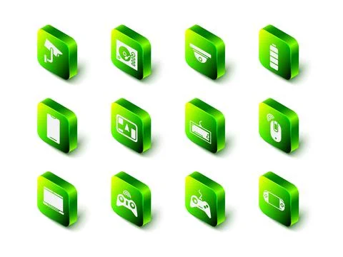 Set Vinyl player, Motion sensor, Battery charge level indicator, Wireless Illustrazione stock