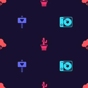Set Vinyl player, Peace, Cactus and cloud on seamless pattern. Vector Illustrazione stock