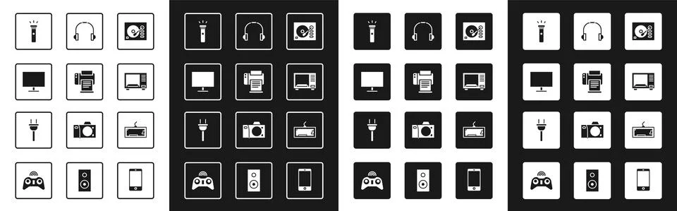 Set Vinyl player, Printer, Computer monitor screen, Flashlight, Microwave oven Stock Illustration
