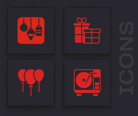 Set Vinyl player with vinyl disk, Christmas lights, Gift box and Balloons ribbon Illustrazione stock