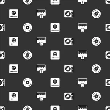 Set Vinyl player with vinyl disk, , Music and wave equalizer on seamless pattern イラスト素材
