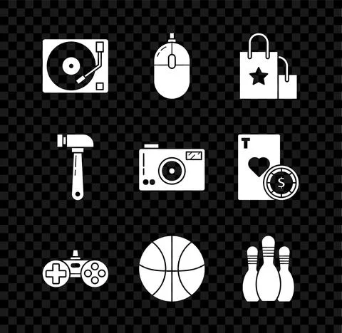 Set Vinyl player with a vinyl disk, Computer mouse, Paper shopping bag, Gamepad Stock Illustration