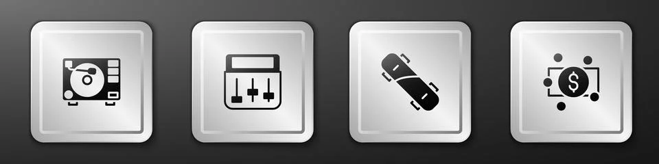 Set Vinyl player with vinyl disk, Drum machine music, Skateboard and Stacks.. Stock Illustration