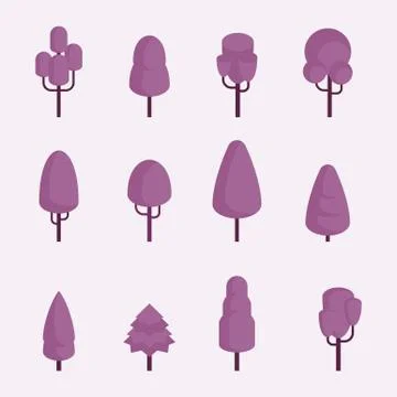 Set of violet flat vector trees. Flat cartoon style. 스톡 일러스트