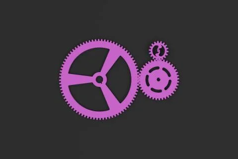 Set of violet gears and cogs on black background Stock Illustration