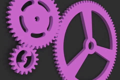 Set of violet gears and cogs on black background Stock Illustration