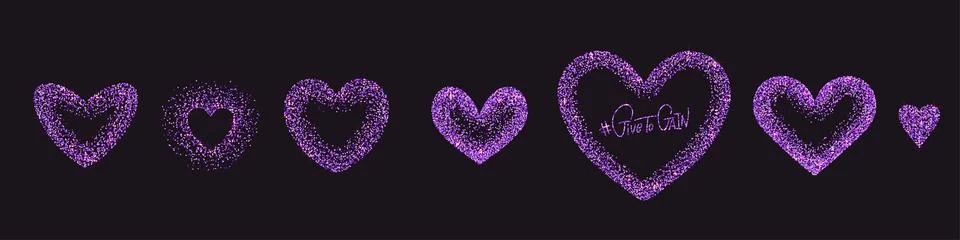Set of violet glowing heart shape frames isolated on black background. Shiny Illustrazione stock