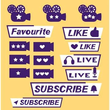 Set of violet icons of old camera - symbols of marks, live video, subscribe a Stock Illustration