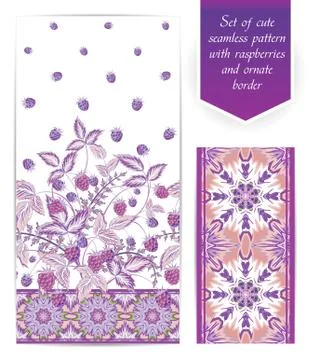 Set of violet raspberries seamless vertical floral design and ornate border. The Иллюстрация