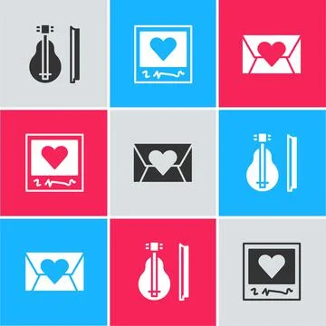 Set Violin, Photo frames and hearts and Envelope with Valentine icon. Vector Stock Illustration
