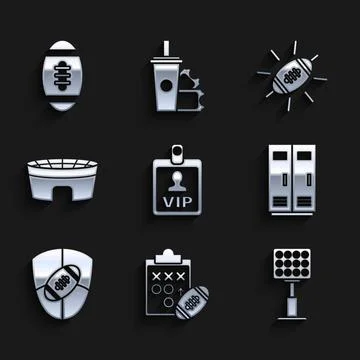 Set VIP badge, Planning strategy concept, Bright stadium lights, Locker or Ilustración de archivo