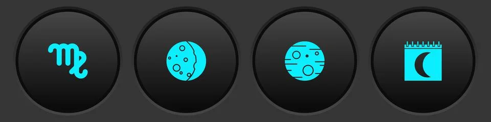 Set Virgo zodiac, Eclipse of the sun, Planet Mars and Moon phases calendar icon Ilustração Stock