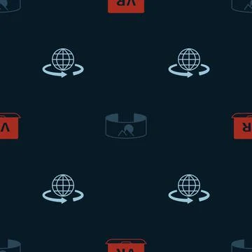 Set Virtual reality, 360 degree view and 3d modeling on seamless pattern. Vector Stock Illustration