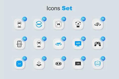 Set Virtual reality, 360 degree view, Augmented AR, 3d modeling, Gamepad, a.. Illustrazione stock