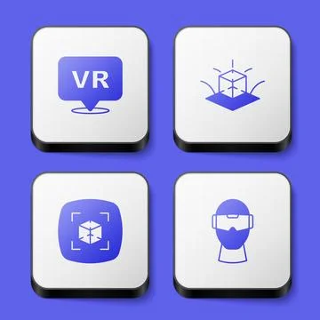 Set Virtual reality, 3d modeling, and glasses icon. White square button. Vector 스톡 일러스트