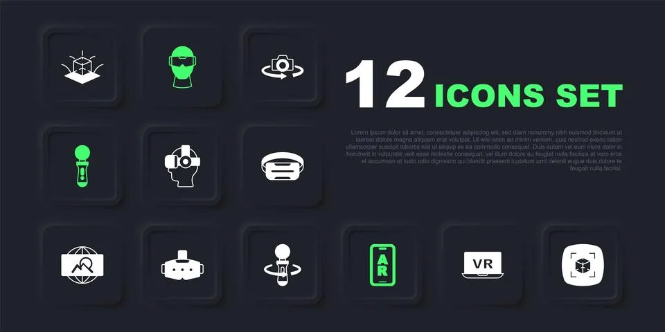 Set Virtual reality, 3d modeling, glasses, Augmented AR, VR controller game.. Stock Illustration