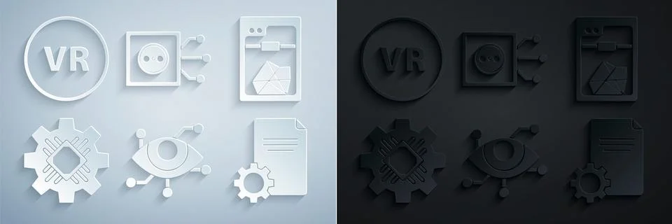 Set Virtual reality, 3D printer, Processor, File document, Remote control a.. Stock Illustration