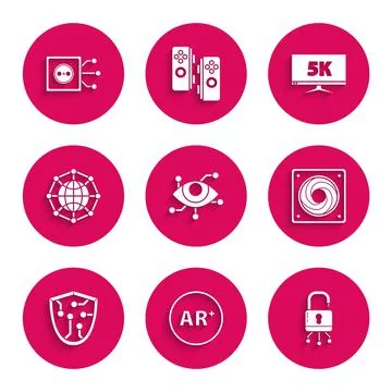 Set Virtual reality, Ar, augmented, Lock on digital circuit board, Computer Illustrazione stock