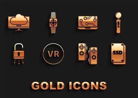 Set Virtual reality, Gamepad, SSD card, Lock on digital circuit board, Laptop Illustrazione stock