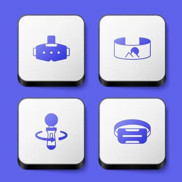Set Virtual reality glasses, 360 degree view, VR controller game and icon. White Illustrazione stock