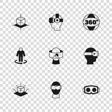 Set Virtual reality glasses, 360 degree view, 3d modeling,  and  icon. Vector Stock Illustration