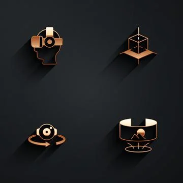 Set Virtual reality glasses, 3d modeling, 360 degree view and icon with long Stock Illustration