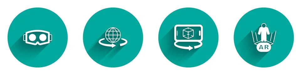 Set Virtual reality glasses, 3d modeling, and Augmented AR icon with long shadow Stock Illustration