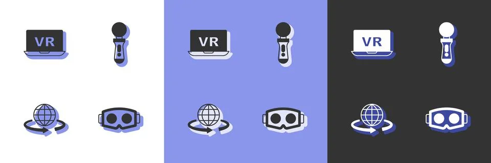 Set Virtual reality glasses, 3d modeling and VR controller game icon. Vector Illustrazione stock