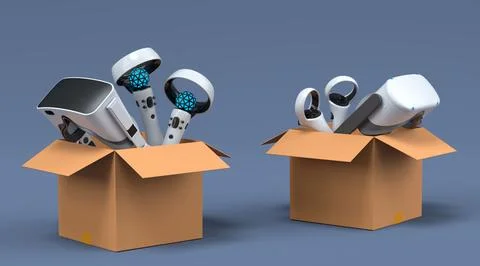 Set of virtual reality glasses and controllers in cardboard box on black Stock Illustration