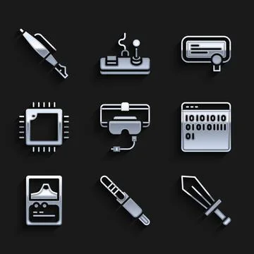 Set Virtual reality glasses, Audio jack, Sword for game, Binary code, Card イラスト素材