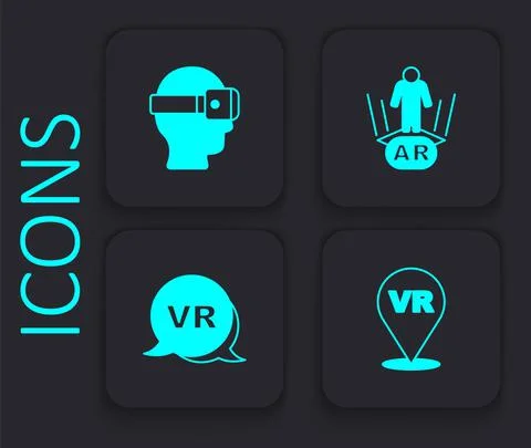 Set Virtual reality, glasses, Augmented AR and icon. Black square button. Vector Stock Illustration