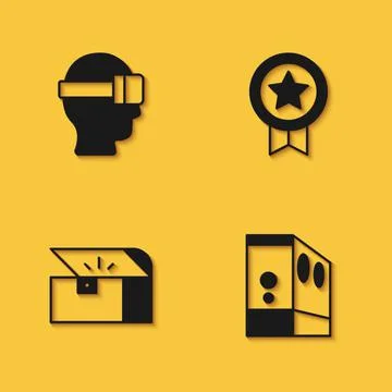 Set Virtual reality glasses, Case of computer, Chest for game and Game rating Illustrazione stock