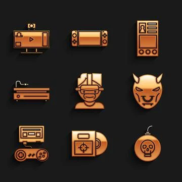 Set Virtual reality glasses, CD or DVD disk in box, Bomb ready to explode, Mask Illustrazione stock