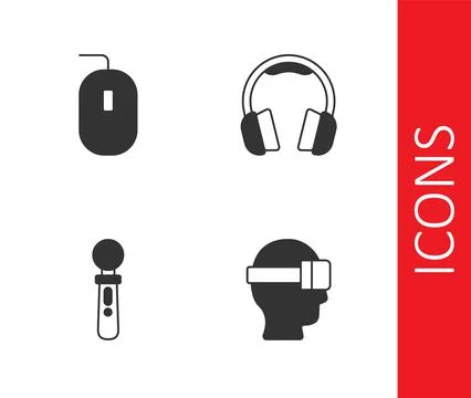 Set Virtual reality glasses, Computer mouse, VR controller game and Headphone Illustrazione stock