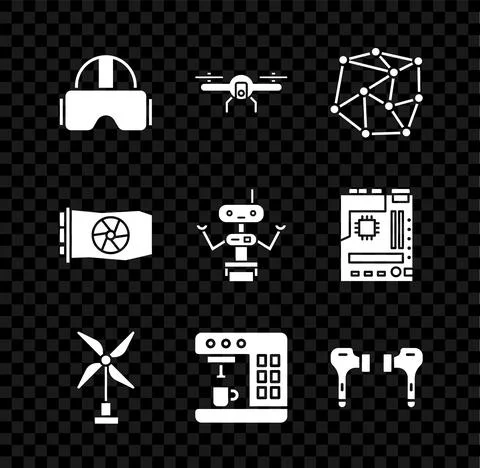 Set Virtual reality glasses, Drone flying, Neural network, Wind turbine, Coffee Illustrazione stock